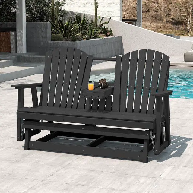 Main image of 3 Person Outdoor Glider Bench with Cup Holder and iPad Placement,Oversized 66" HDPE Patio Glider Bench, All Weather Patio Glider Chair for Garden,Park,Yard,Front Porch,Black