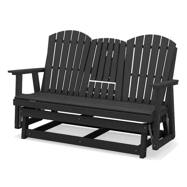 Alt view image 5 of 7 - 3 Person Outdoor Glider Bench with Cup Holder and iPad Placement,Oversized 66" HDPE Patio Glider Bench, All Weather Patio Glider Chair for Garden,Park,Yard,Front Porch,Black