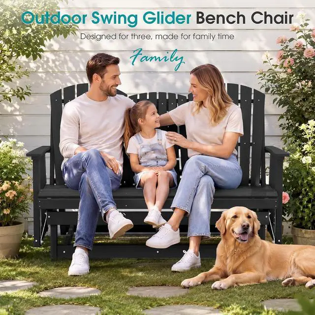 Alt view image 3 of 7 - 3 Person Outdoor Glider Bench with Cup Holder and iPad Placement,Oversized 66" HDPE Patio Glider Bench, All Weather Patio Glider Chair for Garden,Park,Yard,Front Porch,Black