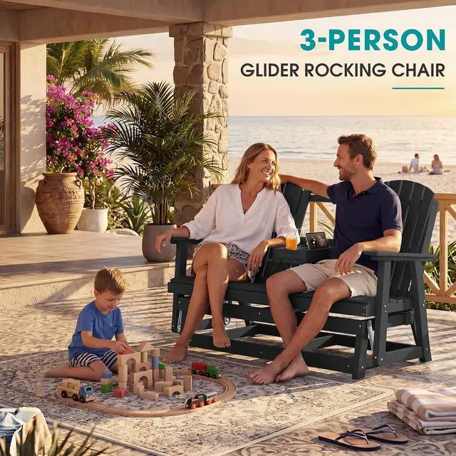 Alt view image 4 of 7 - 3 Person Outdoor Glider Bench with Cup Holder and iPad Placement,Oversized 66" HDPE Patio Glider Bench, All Weather Patio Glider Chair for Garden,Park,Yard,Front Porch,Black