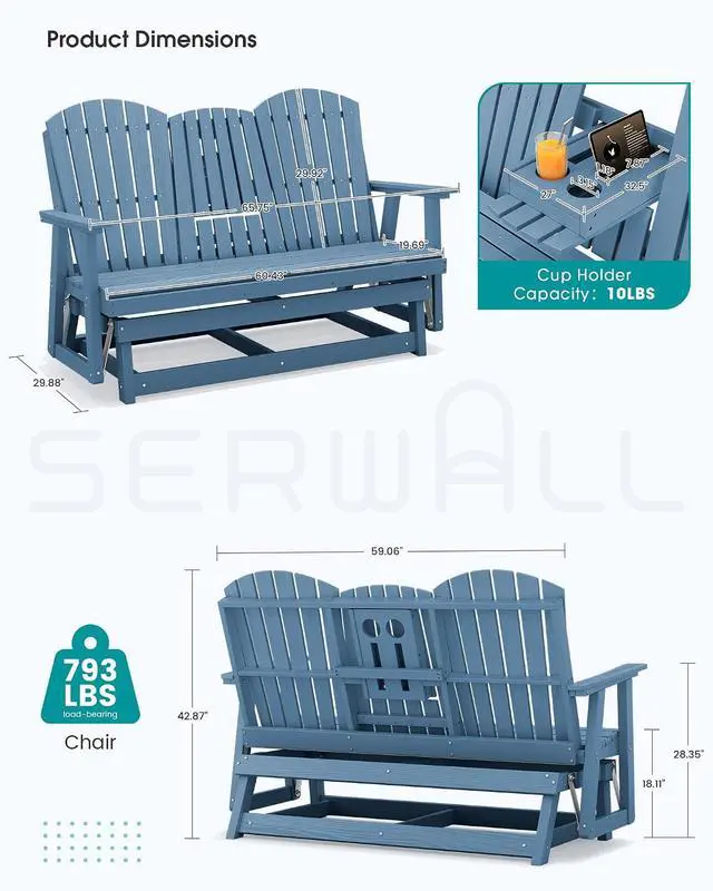 Alt view image 2 of 7 - 3 Person Outdoor Glider Bench with Cup Holder and iPad Placement,Oversized 66" HDPE Patio Glider Bench, All Weather Patio Glider Chair for Garden,Park,Yard,Front Porch,Navy