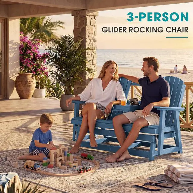 Alt view image 4 of 7 - 3 Person Outdoor Glider Bench with Cup Holder and iPad Placement,Oversized 66" HDPE Patio Glider Bench, All Weather Patio Glider Chair for Garden,Park,Yard,Front Porch,Navy