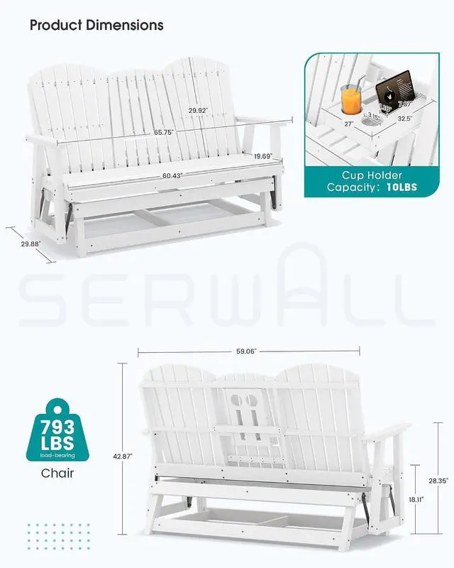 Alt view image 3 of 7 - 3 Person Outdoor Glider Bench with Cup Holder and iPad Placement,Oversized 66" HDPE Patio Glider Bench, All Weather Patio Glider Chair for Garden,Park,Yard,Front Porch,White