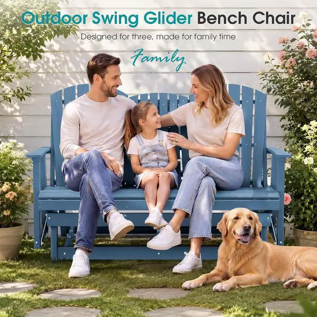 Alt view image 3 of 7 - 3 Person Outdoor Glider Bench with Cup Holder and iPad Placement,Oversized 66" HDPE Patio Glider Bench, All Weather Patio Glider Chair for Garden,Park,Yard,Front Porch,Navy