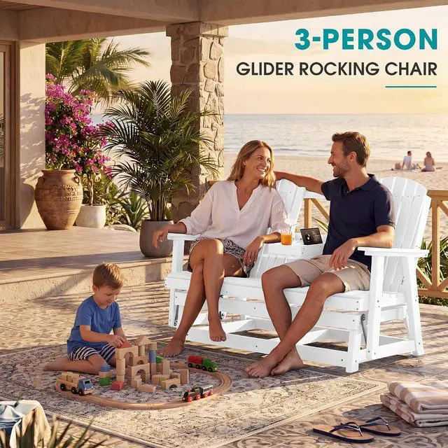 Alt view image 2 of 7 - 3 Person Outdoor Glider Bench with Cup Holder and iPad Placement,Oversized 66" HDPE Patio Glider Bench, All Weather Patio Glider Chair for Garden,Park,Yard,Front Porch,White