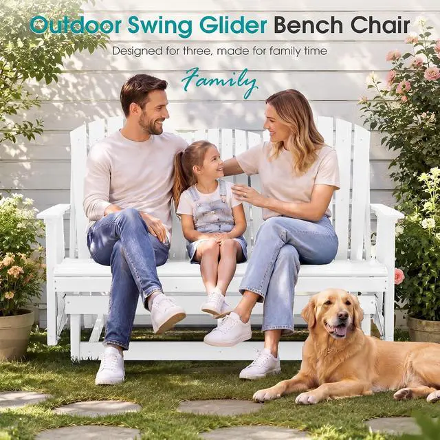 Alt view image 4 of 7 - 3 Person Outdoor Glider Bench with Cup Holder and iPad Placement,Oversized 66" HDPE Patio Glider Bench, All Weather Patio Glider Chair for Garden,Park,Yard,Front Porch,White