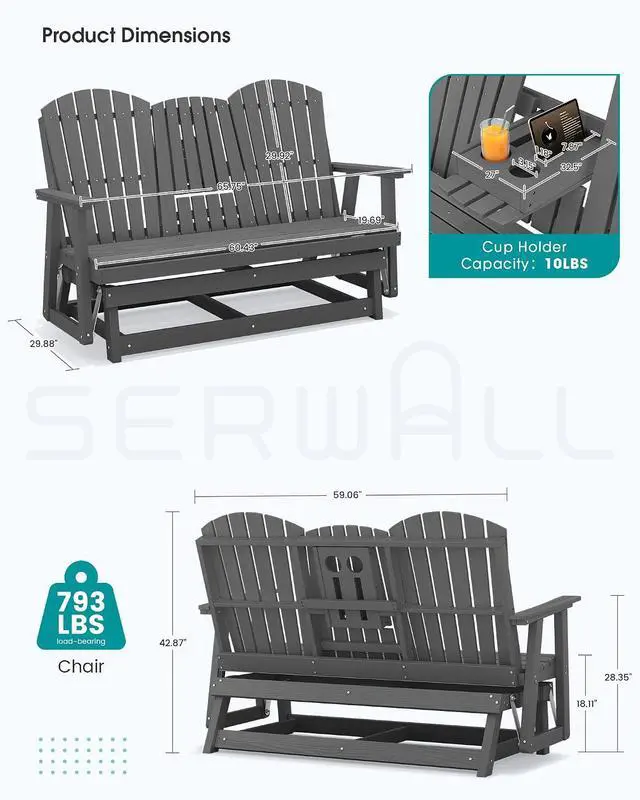 Alt view image 3 of 7 - 3 Person Outdoor Glider Bench with Cup Holder and iPad Placement,Oversized 66" HDPE Patio Glider Bench, All Weather Patio Glider Chair for Garden,Park,Yard,Front Porch,Gray