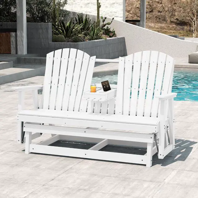 Alt view image 5 of 7 - 3 Person Outdoor Glider Bench with Cup Holder and iPad Placement,Oversized 66" HDPE Patio Glider Bench, All Weather Patio Glider Chair for Garden,Park,Yard,Front Porch,White