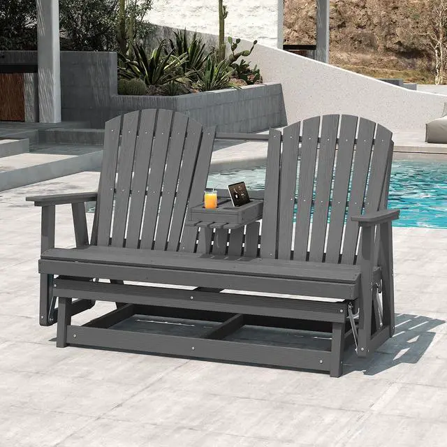 Alt view image 5 of 7 - 3 Person Outdoor Glider Bench with Cup Holder and iPad Placement,Oversized 66" HDPE Patio Glider Bench, All Weather Patio Glider Chair for Garden,Park,Yard,Front Porch,Gray