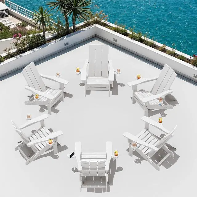 Main image of Modern Folding Adirondack Chair Set of 6, Weather Resistant HDPE Outdoor Adirondack Chair with Cup Holders, Fire Pit Chairs for Patio Lawn Garden, White