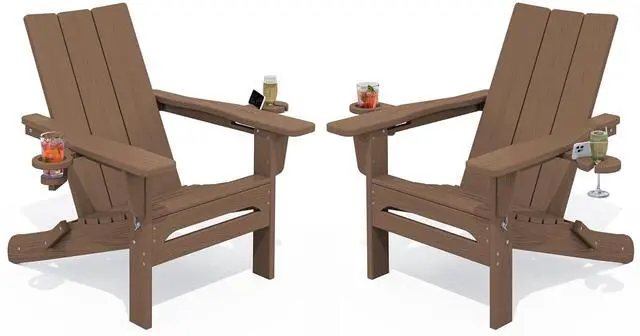 Main image of Modern Adirondack Chair Set of 2, Folding Adirondack Chair with Cup Holders, Outdoor HDPE Fire Pit Chairs for All Weather Use, Brown