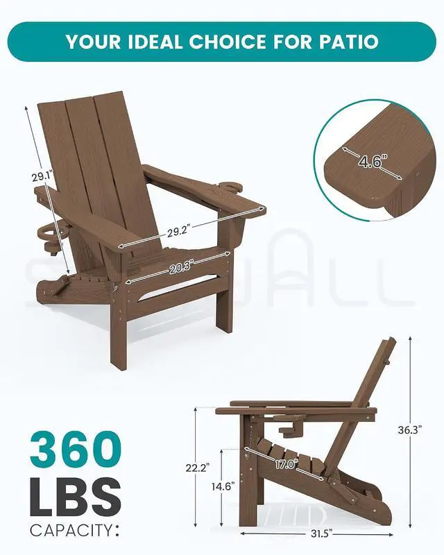Alt view image 3 of 7 - Modern Adirondack Chair Set of 2, Folding Adirondack Chair with Cup Holders, Outdoor HDPE Fire Pit Chairs for All Weather Use, Brown