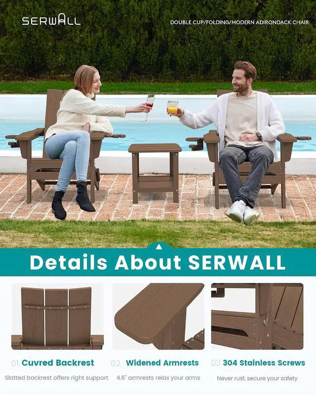 Alt view image 4 of 7 - Modern Adirondack Chair Set of 2, Folding Adirondack Chair with Cup Holders, Outdoor HDPE Fire Pit Chairs for All Weather Use, Brown