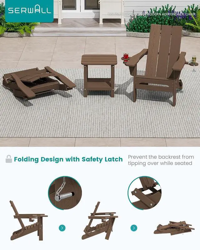 Alt view image 7 of 7 - Modern Adirondack Chair Set of 2, Folding Adirondack Chair with Cup Holders, Outdoor HDPE Fire Pit Chairs for All Weather Use, Brown