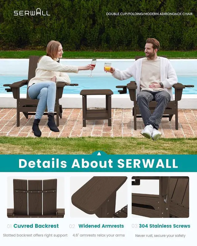 Alt view image 4 of 7 - Modern Adirondack Chairs, Folding Adirondack Chair with Cup Holders, Outdoor HDPE Adirondack Chair for Patio Lawn Garden, Coffee