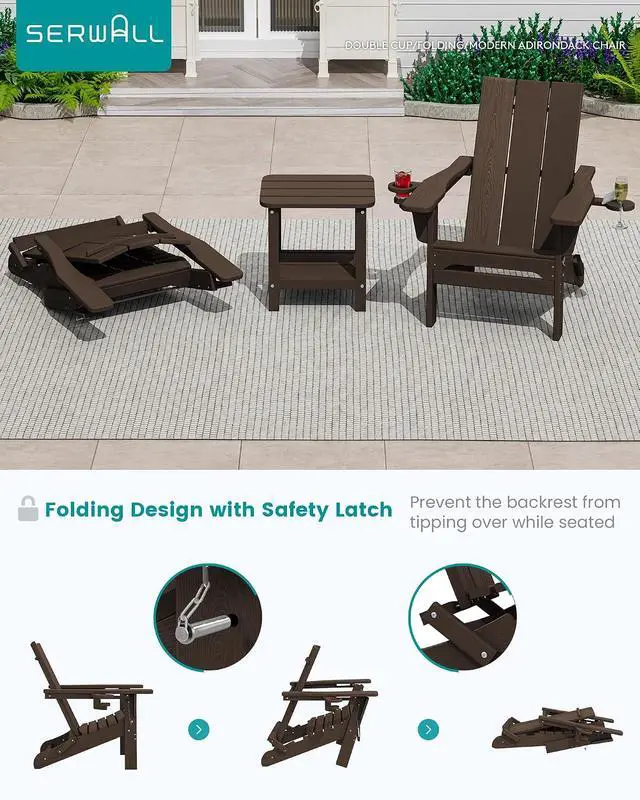 Alt view image 5 of 7 - Modern Adirondack Chairs, Folding Adirondack Chair with Cup Holders, Outdoor HDPE Adirondack Chair for Patio Lawn Garden, Coffee