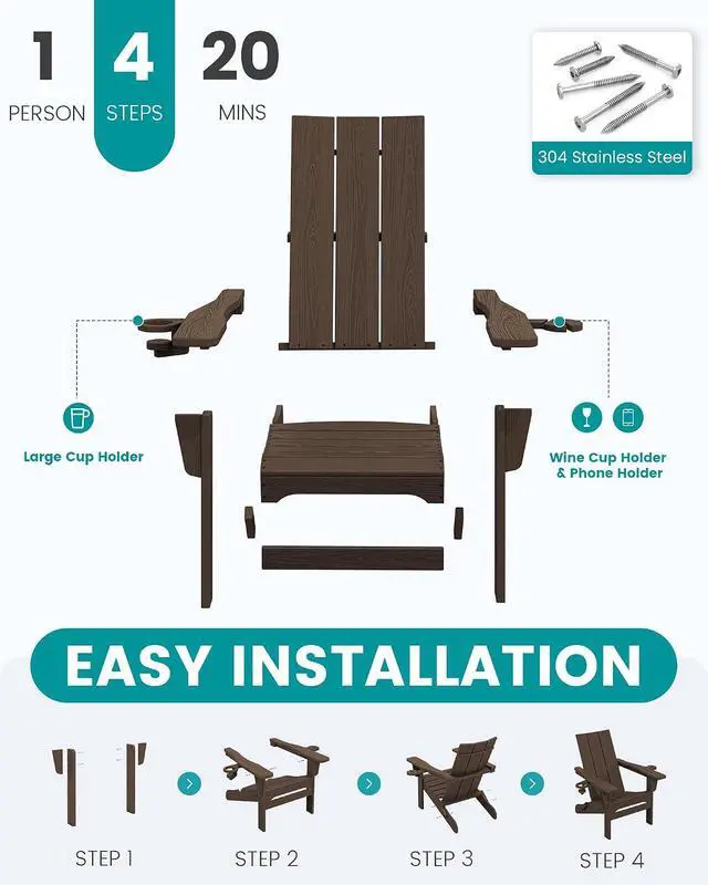 Alt view image 6 of 7 - Modern Adirondack Chairs, Folding Adirondack Chair with Cup Holders, Outdoor HDPE Adirondack Chair for Patio Lawn Garden, Coffee