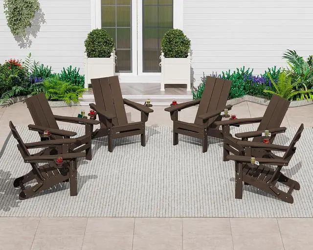 Alt view image 2 of 7 - Modern Adirondack Chairs, Folding Adirondack Chair with Cup Holders, Outdoor HDPE Adirondack Chair for Patio Lawn Garden, Coffee