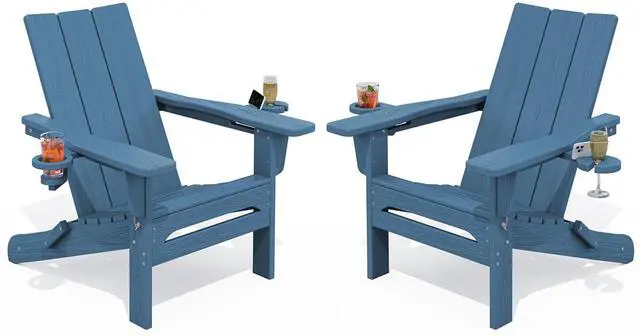 Main image of Modern Folding Adirondack Chair Set of 2, Weather Resistant HDPE Outdoor Adirondack Chair with Dual Cup Holders, Fire Pit Chair for Patio Lawn Garden, Blue