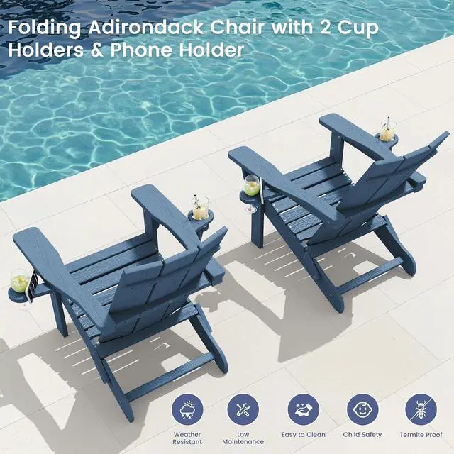Alt view image 4 of 7 - Modern Folding Adirondack Chair, All Weather Resistant Outdoor Adirondack Chair with Dual Cup Holders, HDPE Fire Pit Chair for Patio Lawn Garden, Blue