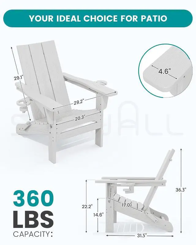 Alt view image 2 of 7 - Modern Folding Adirondack Chair Set of 4, All Weather Resistant Outdoor Adirondack Chair with Cup Holders, HDPE Adirondack Chair for Patio Lawn Garden, White