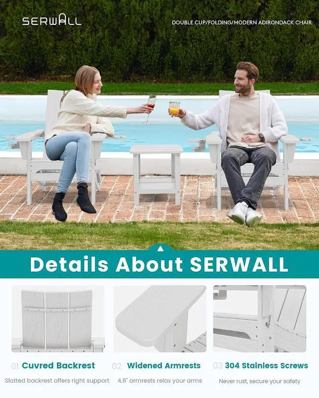 Alt view image 3 of 7 - Modern Folding Adirondack Chair Set of 4, All Weather Resistant Outdoor Adirondack Chair with Cup Holders, HDPE Adirondack Chair for Patio Lawn Garden, White