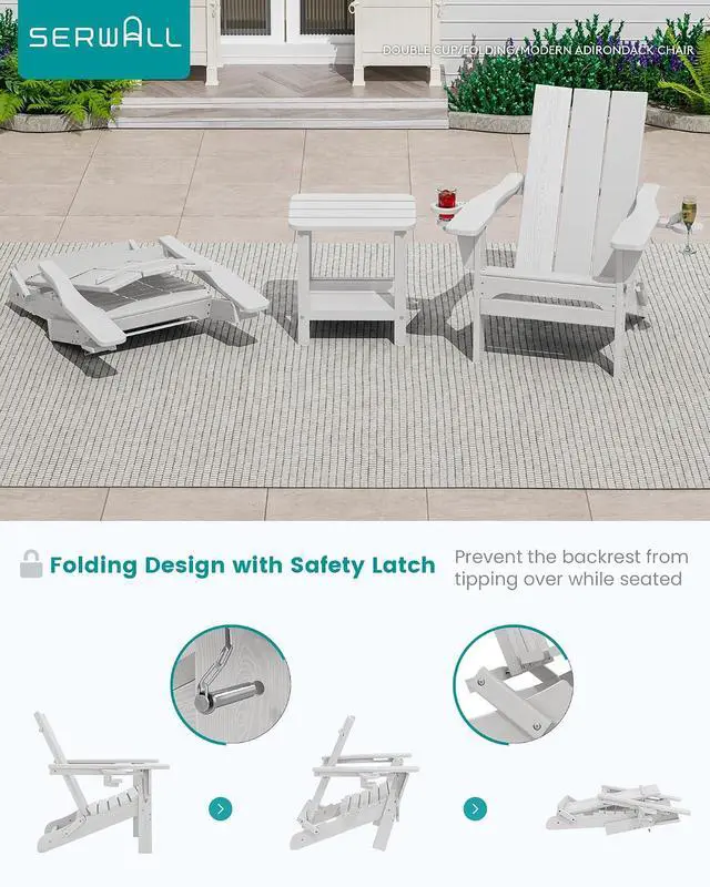 Alt view image 4 of 7 - Modern Folding Adirondack Chair Set of 4, All Weather Resistant Outdoor Adirondack Chair with Cup Holders, HDPE Adirondack Chair for Patio Lawn Garden, White