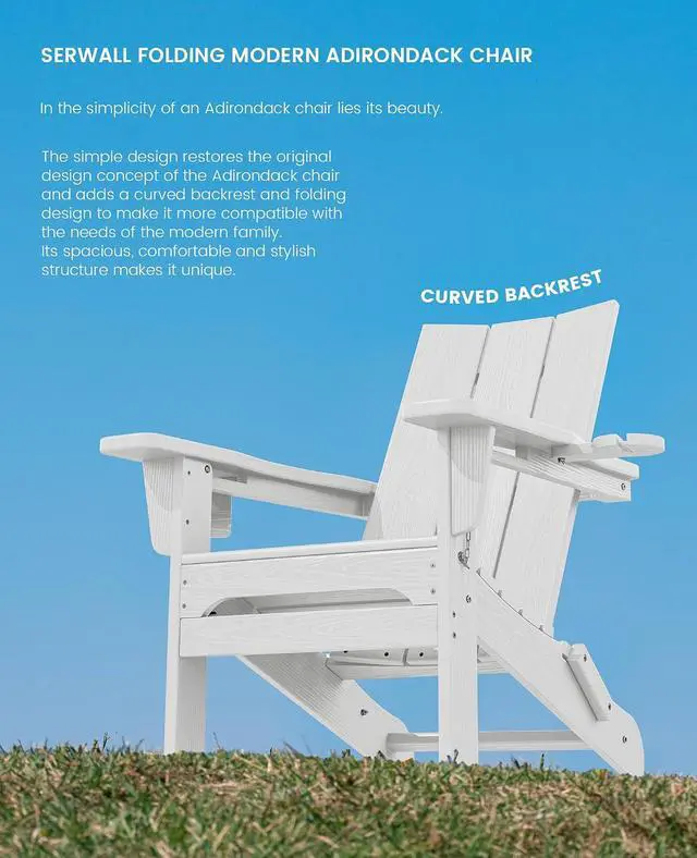 Alt view image 7 of 7 - Modern Folding Adirondack Chair Set of 4, All Weather Resistant Outdoor Adirondack Chair with Cup Holders, HDPE Adirondack Chair for Patio Lawn Garden, White