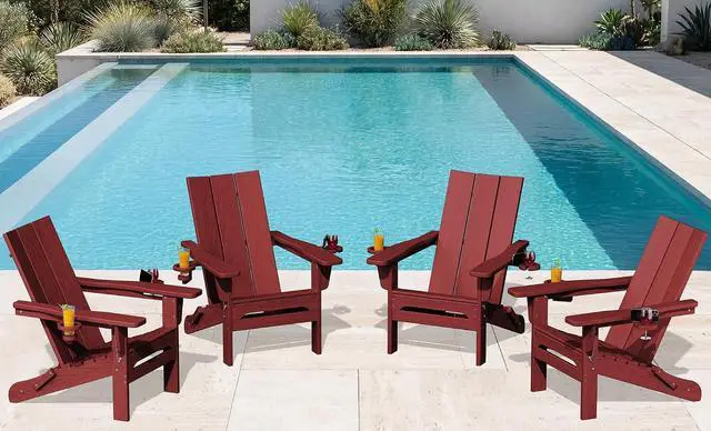 Main image of Folding Adirondack Chair with Cup Holders, Weather Resistant HDPE Modern Adirondack Chair Set of 4, Plastic Outdoor Fire Pit Chairs, Red