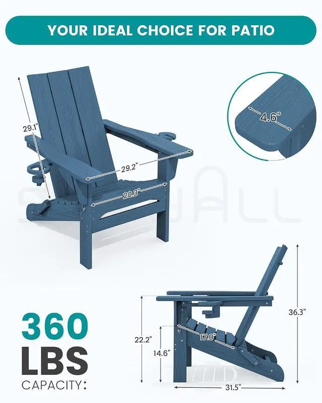Alt view image 2 of 7 - Modern Folding Adirondack Chair Set of 4, HDPE Weather Resistant Outdoor Adirondack Chair with Dual Cup Holders, Patio Lawn Garden Chairs, Blue