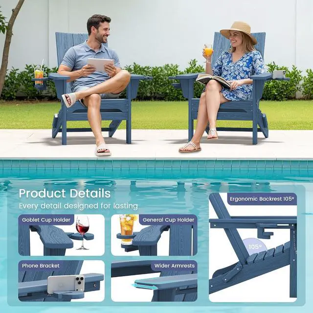Alt view image 3 of 7 - Modern Folding Adirondack Chair Set of 6, Weather Resistant Outdoor Adirondack Chair with Dual Cup Holders, HDPE Fire Pit Chairs for Patio Lawn Garden, Blue