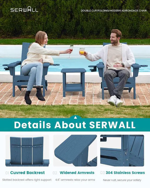 Alt view image 3 of 7 - Modern Folding Adirondack Chair Set of 4, HDPE Weather Resistant Outdoor Adirondack Chair with Dual Cup Holders, Patio Lawn Garden Chairs, Blue