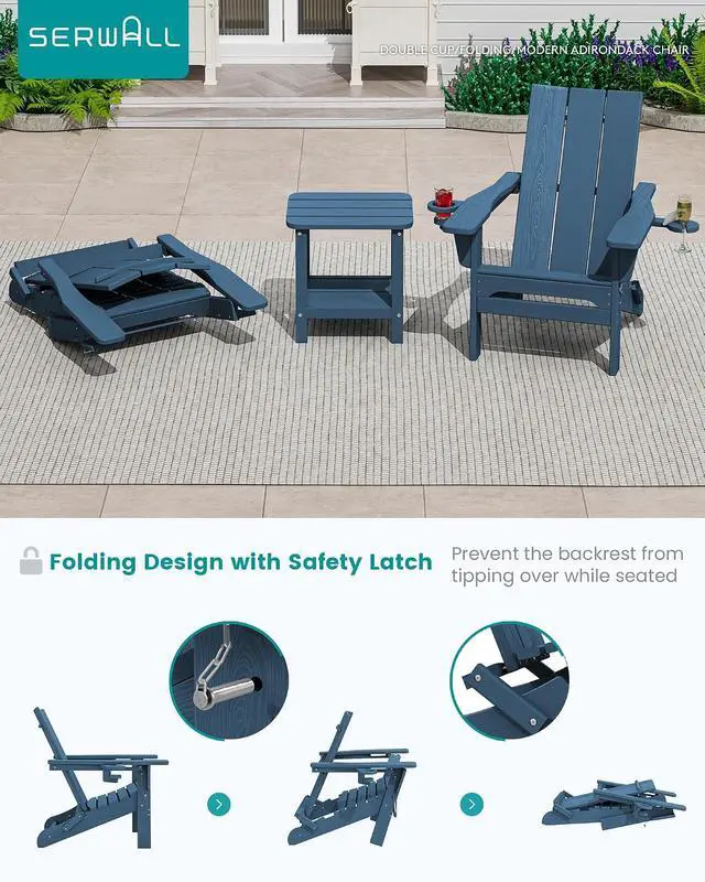 Alt view image 4 of 7 - Modern Folding Adirondack Chair Set of 4, HDPE Weather Resistant Outdoor Adirondack Chair with Dual Cup Holders, Patio Lawn Garden Chairs, Blue