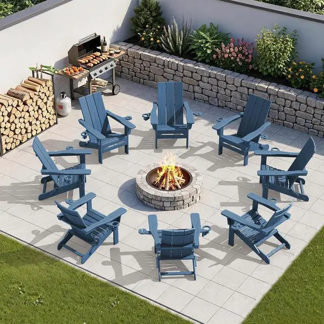 Alt view image 5 of 7 - Modern Folding Adirondack Chair, All Weather Resistant Outdoor Adirondack Chair with Dual Cup Holders, HDPE Fire Pit Chair for Patio Lawn Garden, Blue