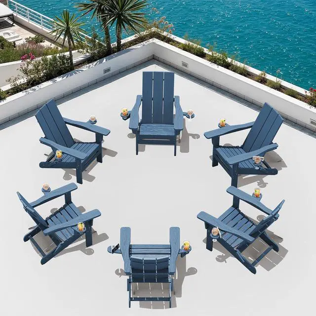 Main image of Modern Folding Adirondack Chair Set of 6, Weather Resistant Outdoor Adirondack Chair with Dual Cup Holders, HDPE Fire Pit Chairs for Patio Lawn Garden, Blue