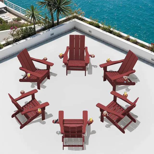 Main image of Folding Adirondack Chair with Cup Holders, Weather Resistant HDPE Modern Adirondack Chair Set of 6, Plastic Outdoor Fire Pit Chairs, Red