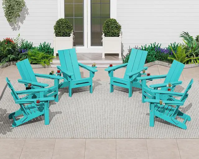 Main image of Modern Adirondack Chair Set of 6, Folding Adirondack Chair with Cup Holders, Outdoor HDPE Adirondack Chair, Teal