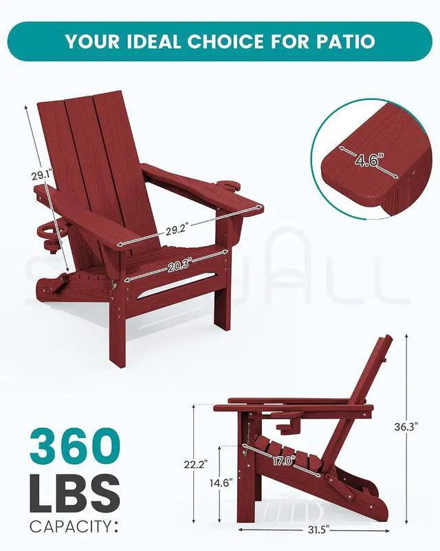 Alt view image 2 of 7 - Folding Adirondack Chair with Cup Holders, Weather Resistant HDPE Modern Adirondack Chair Set of 4, Plastic Outdoor Fire Pit Chairs, Red