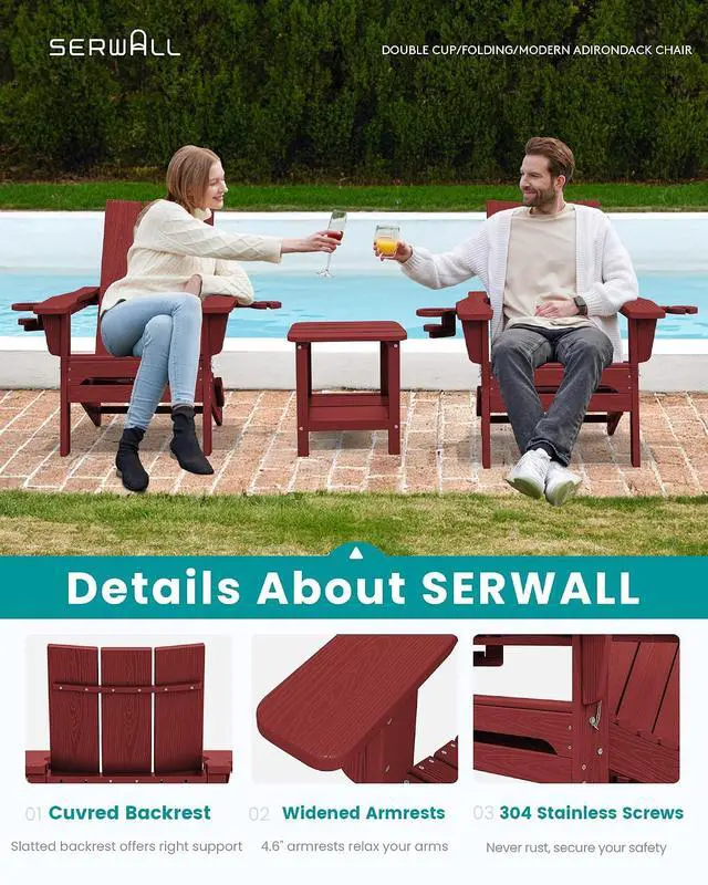 Alt view image 3 of 7 - Folding Adirondack Chair with Cup Holders, Weather Resistant HDPE Modern Adirondack Chair Set of 4, Plastic Outdoor Fire Pit Chairs, Red