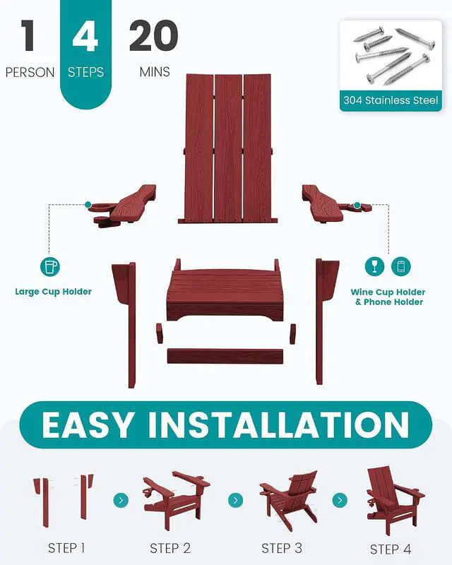 Alt view image 5 of 7 - Folding Adirondack Chair with Cup Holders, Weather Resistant HDPE Modern Adirondack Chair Set of 4, Plastic Outdoor Fire Pit Chairs, Red