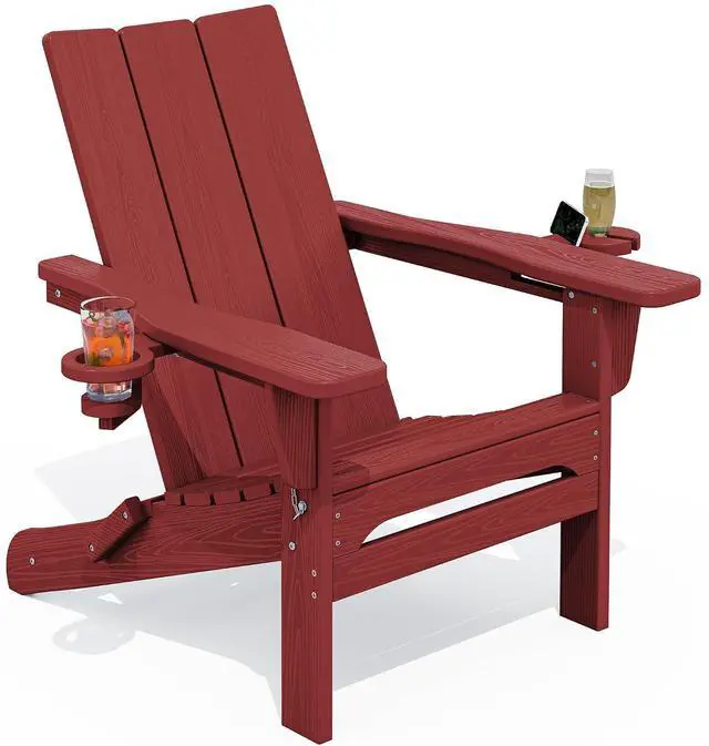 Main image of Folding Adirondack Chair with Cup Holders, All Weather Resistant Modern Adirondack Chair, HDPE Fire Pit Chairs, Lawn Chair for Patio Garden, Outdoor, Red