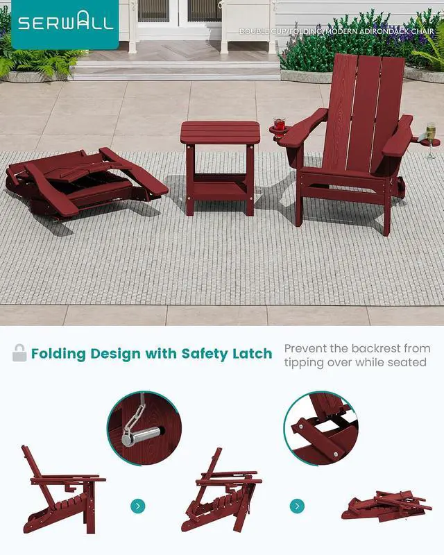 Alt view image 4 of 7 - Folding Adirondack Chair with Cup Holders, Weather Resistant HDPE Modern Adirondack Chair Set of 4, Plastic Outdoor Fire Pit Chairs, Red