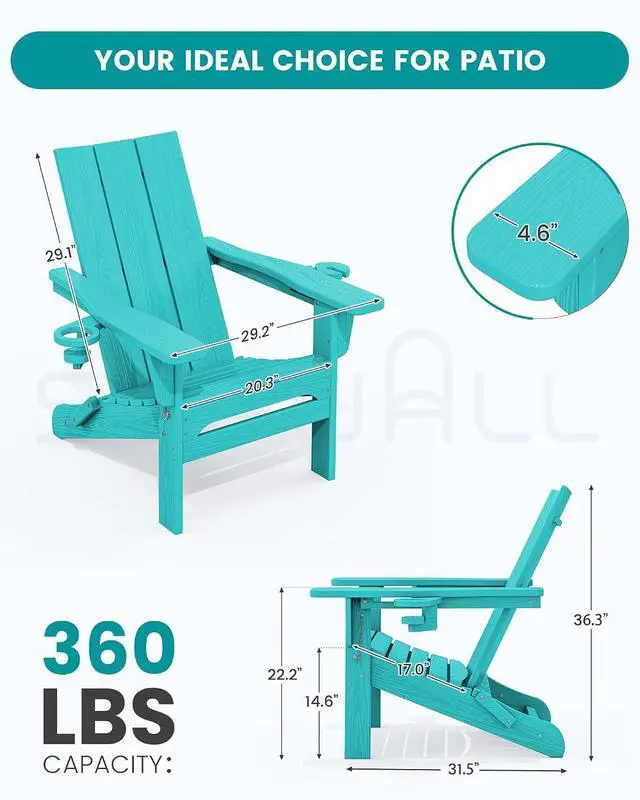 Alt view image 2 of 7 - Modern Adirondack Chair Set of 4, Folding Adirondack Chair with Cup Holders, Outdoor HDPE Adirondack Chair, Teal