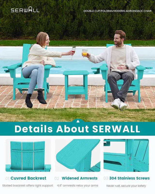 Alt view image 3 of 7 - Modern Adirondack Chair Set of 4, Folding Adirondack Chair with Cup Holders, Outdoor HDPE Adirondack Chair, Teal