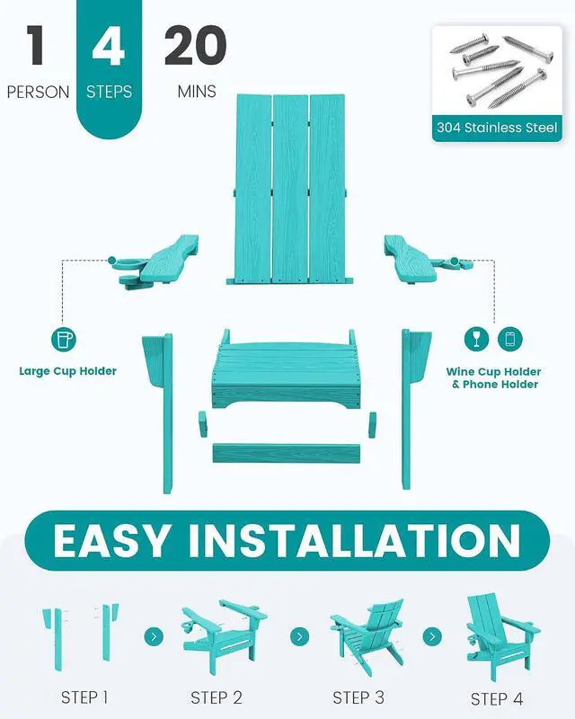 Alt view image 4 of 7 - Modern Adirondack Chair Set of 4, Folding Adirondack Chair with Cup Holders, Outdoor HDPE Adirondack Chair, Teal