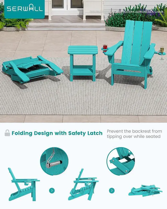 Alt view image 6 of 7 - Modern Adirondack Chair Set of 4, Folding Adirondack Chair with Cup Holders, Outdoor HDPE Adirondack Chair, Teal