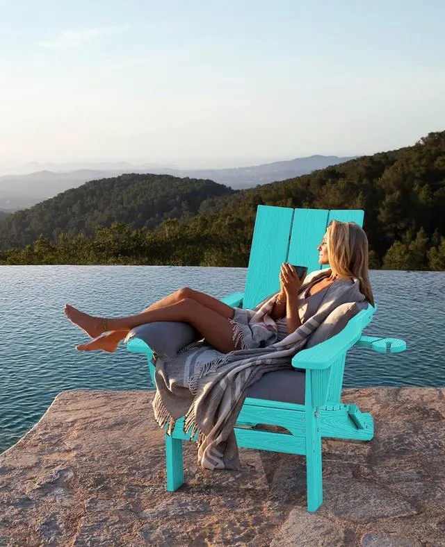 Alt view image 7 of 7 - Modern Adirondack Chair Set of 4, Folding Adirondack Chair with Cup Holders, Outdoor HDPE Adirondack Chair, Teal