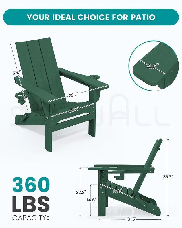 Alt view image 3 of 7 - Modern Adirondack Chair Set of 2, Folding Adirondack Chair with Cup Holders, Fire Pit Chairs, Lawn Chair for Patio Garden, Green
