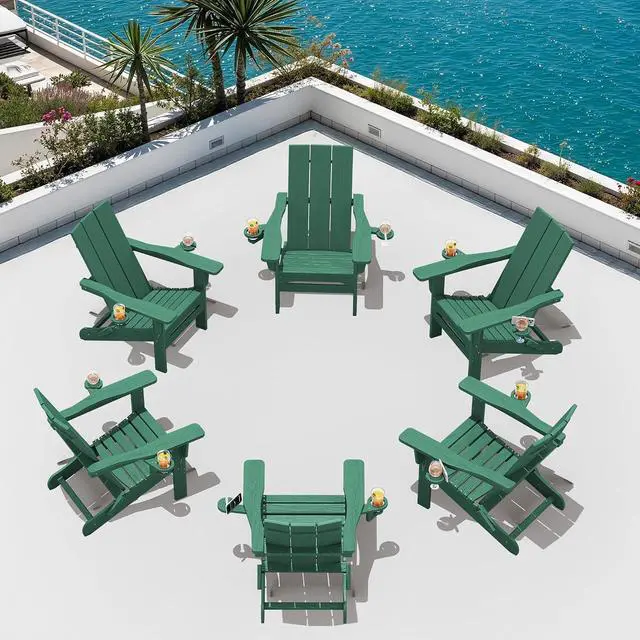 Main image of Folding Adirondack Chair with Dual Cup Holders Set of 6, Modern Adirondack Chairs, HDPE All-Weather Fire Pit Chairs for Outdoor, Patio, Garden, Green