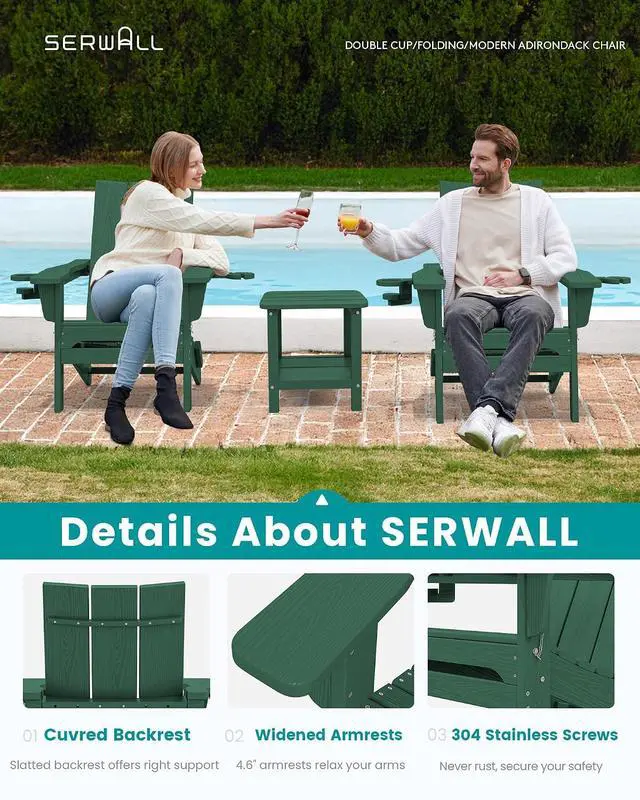 Alt view image 4 of 7 - Modern Adirondack Chair Set of 2, Folding Adirondack Chair with Cup Holders, Fire Pit Chairs, Lawn Chair for Patio Garden, Green